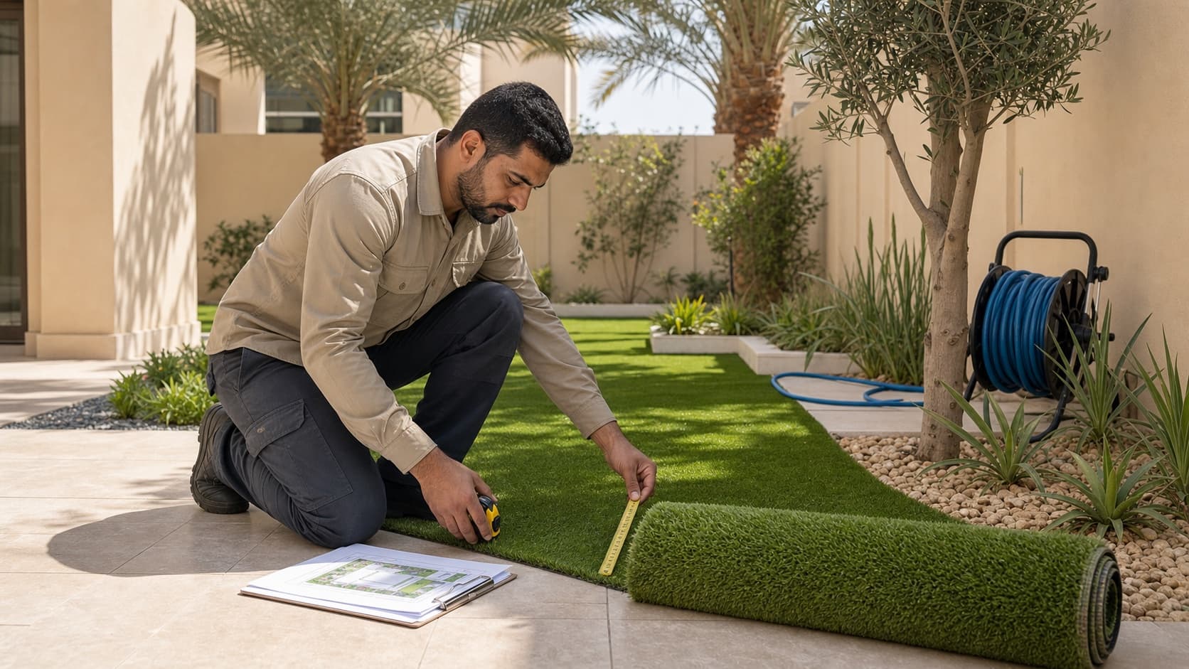 Garden Landscaping Dubai Cost Guide 2026 - Garden landscaping in Dubai can cost AED 5k-150k+ as of June 2026. Compare artificial grass, irrigation, paving and villa garden scope.