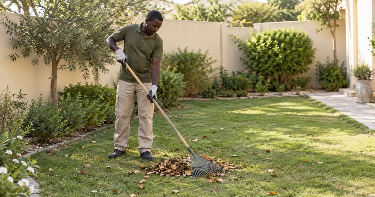 Gardener gathering dry leaves with a rake on a villa lawn beside planted borders