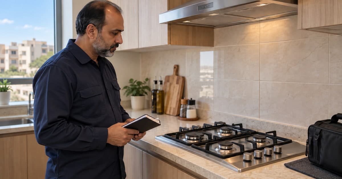 Appliance technician visually assessing an unlit four-burner gas hob in a home kitchen