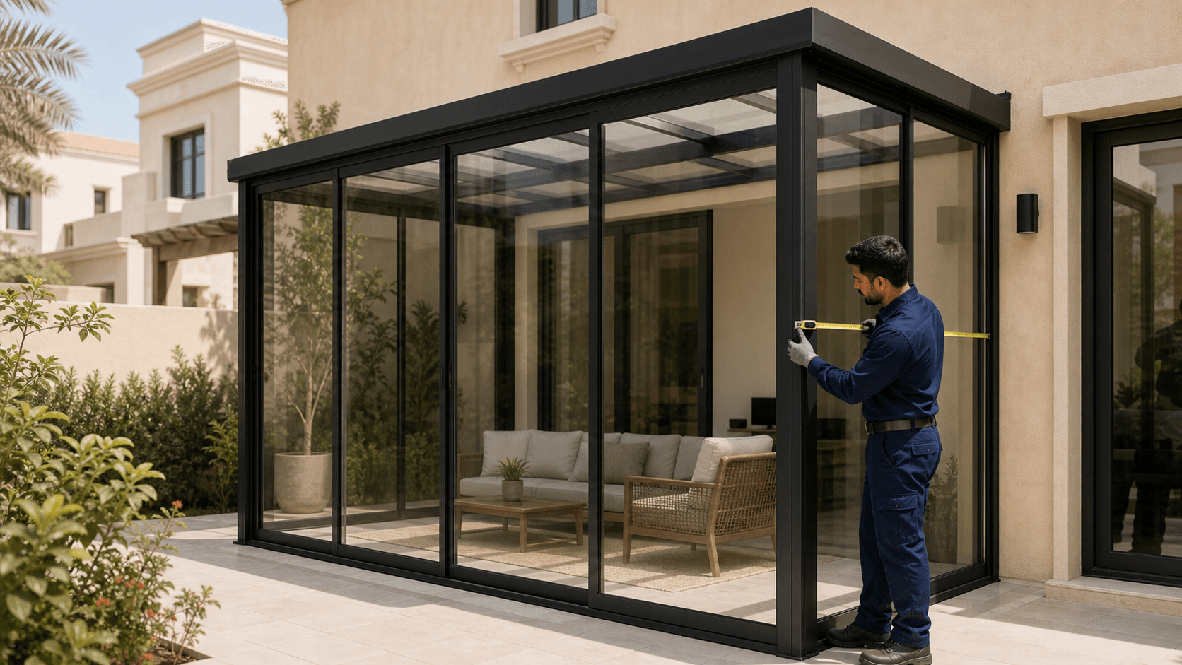 Glass Room vs Terrace Enclosure Dubai - Compare Dubai glass rooms, terrace enclosures, sliding glass screens, roof options, heat control, NOC checks and quote scope before you build.