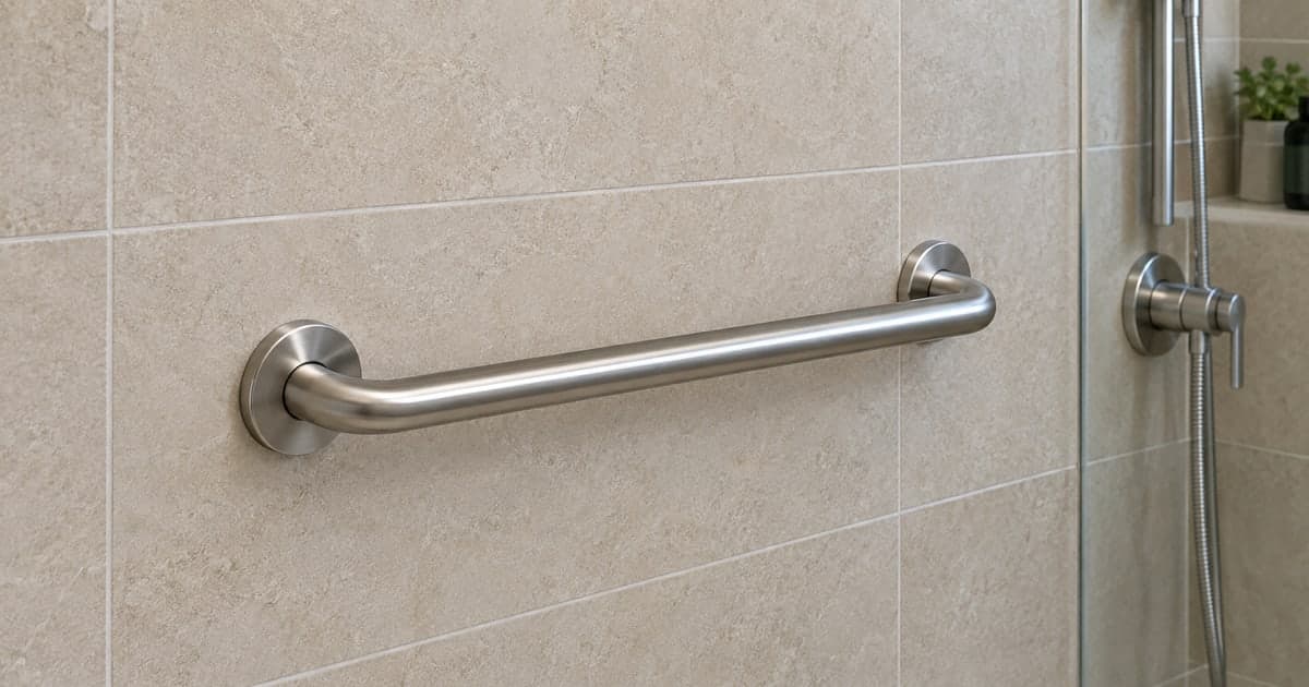 Rigid metal support bar on a tiled shower wall