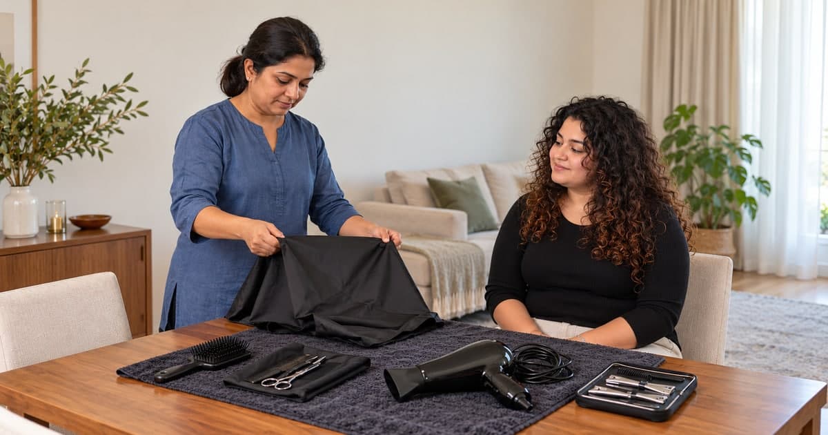 A visiting beauty professional and client discuss a hair appointment at home.