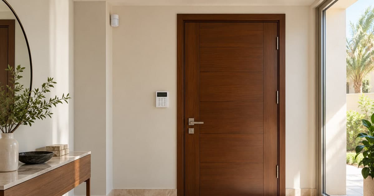 A small alarm keypad and indoor motion detector beside a closed timber entrance door.