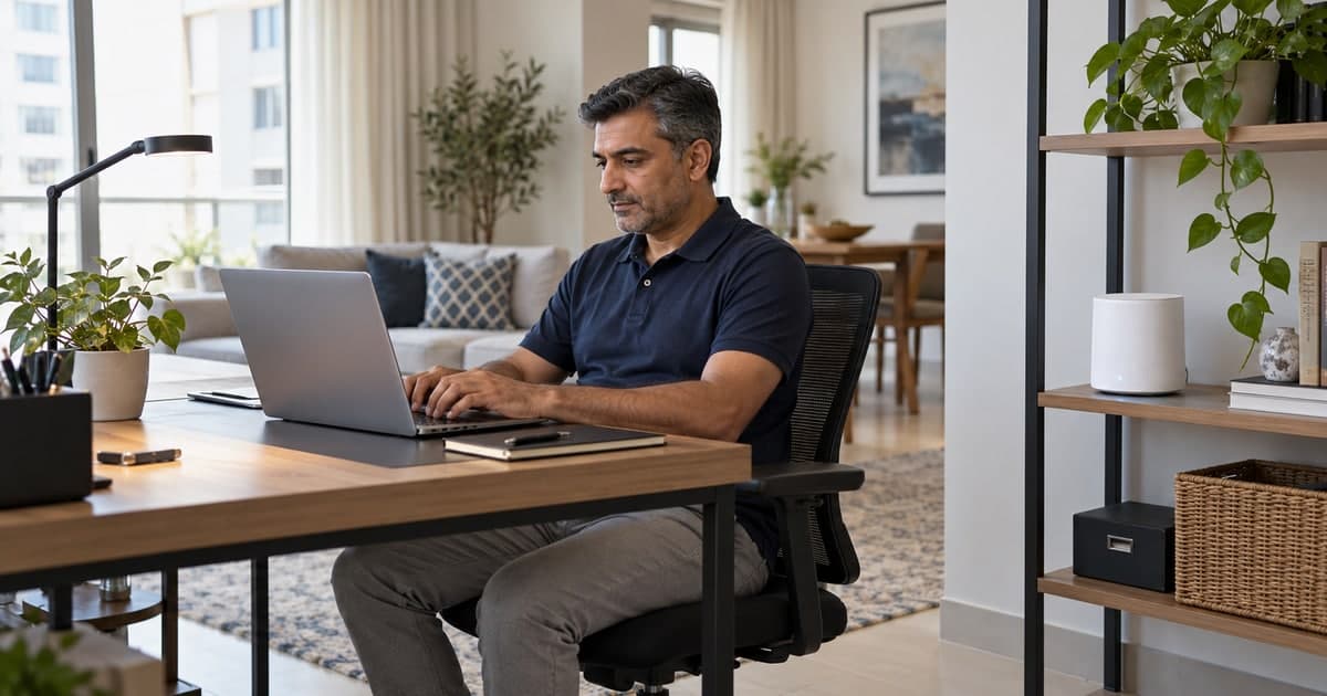 Technician checking a laptop beside a mesh Wi-Fi node in a home office