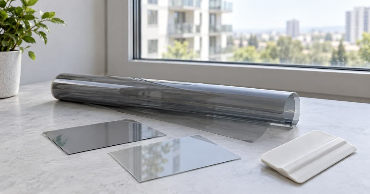 Architectural film roll and sample pieces beside a window