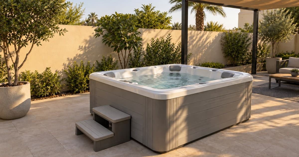 Freestanding rigid-shell hot tub on a level ground-floor villa patio