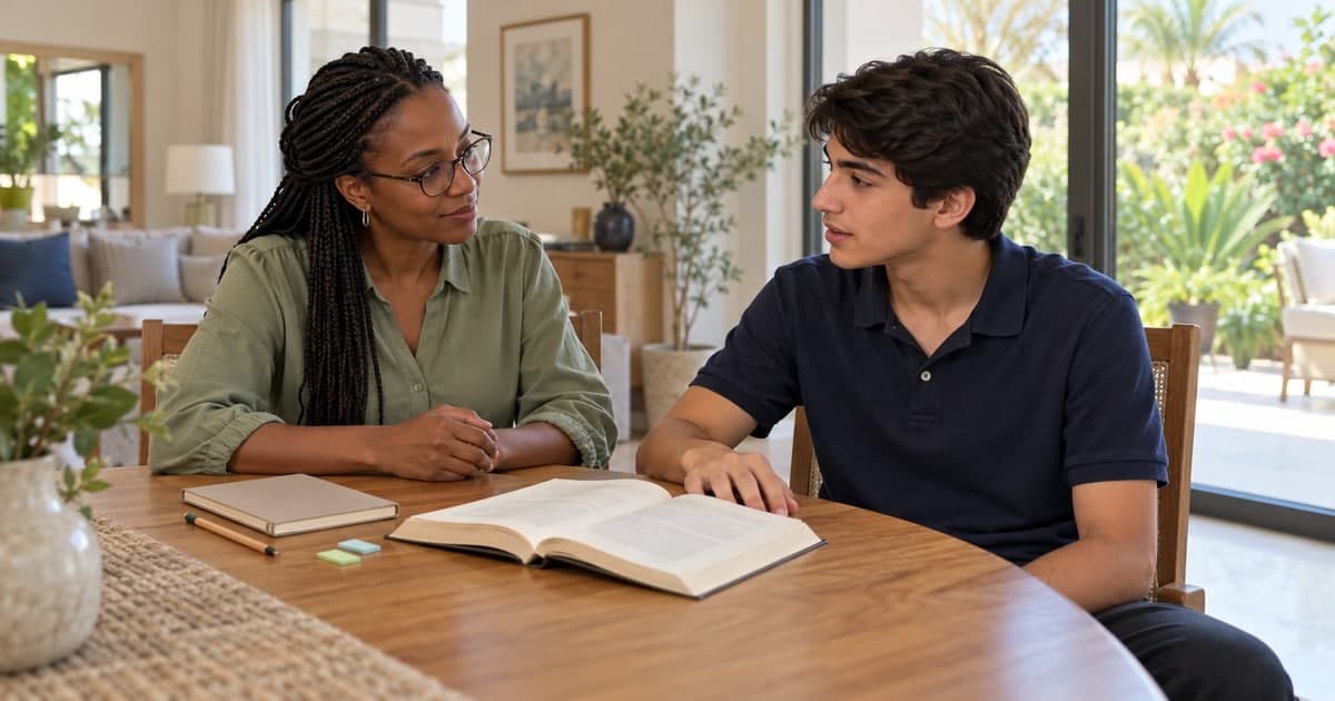 English tutor and teenage pupil discussing an open book at a home table
