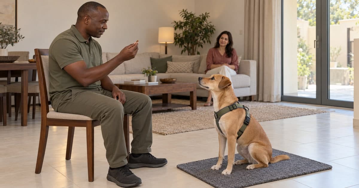A trainer uses a food reward while a dog sits on a mat during a home session.