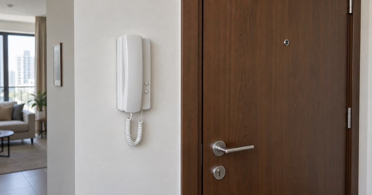 Audio intercom handset on a cradle beside an apartment entrance