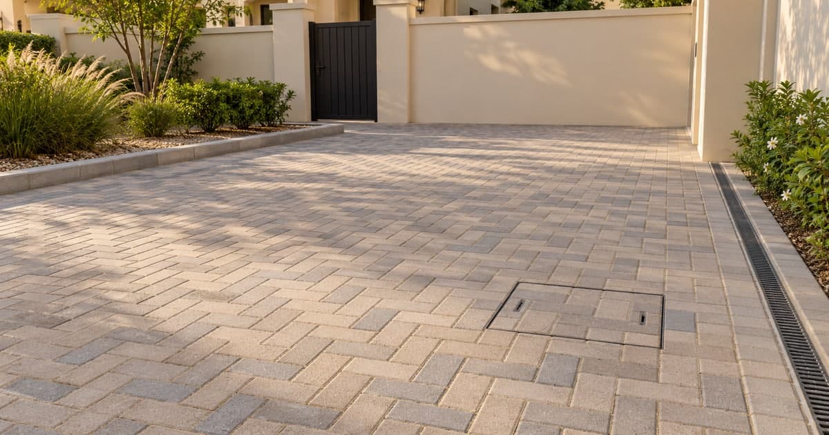 Interlocking paving blocks on a villa driveway with a flush access cover