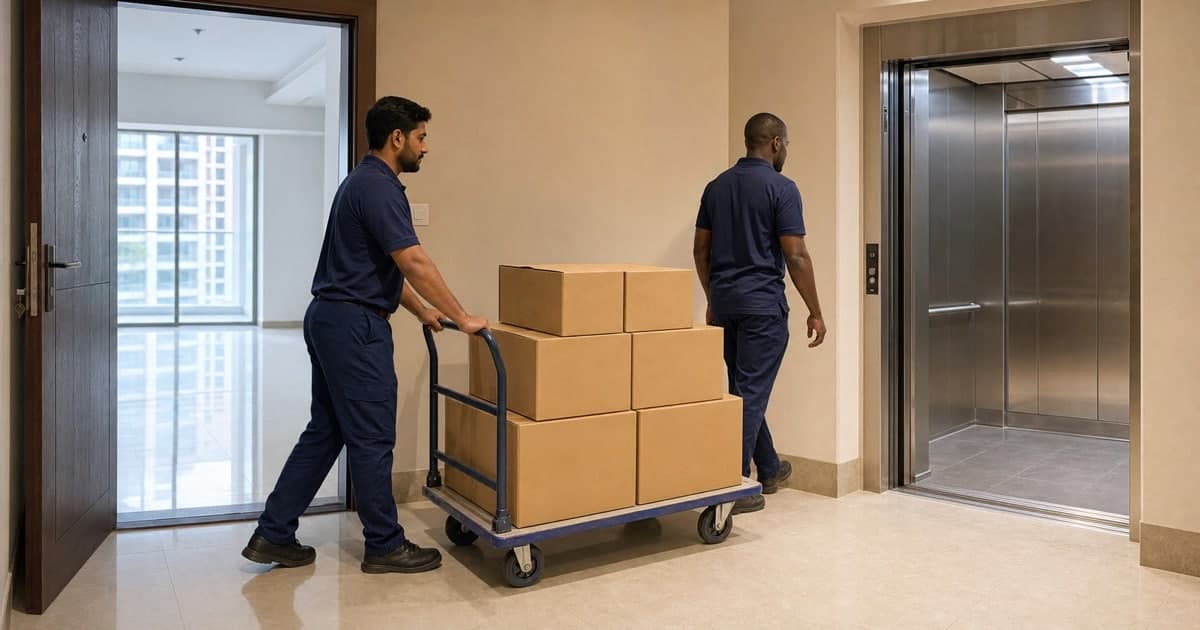 Two movers taking packed cartons on a trolley towards an apartment service lift