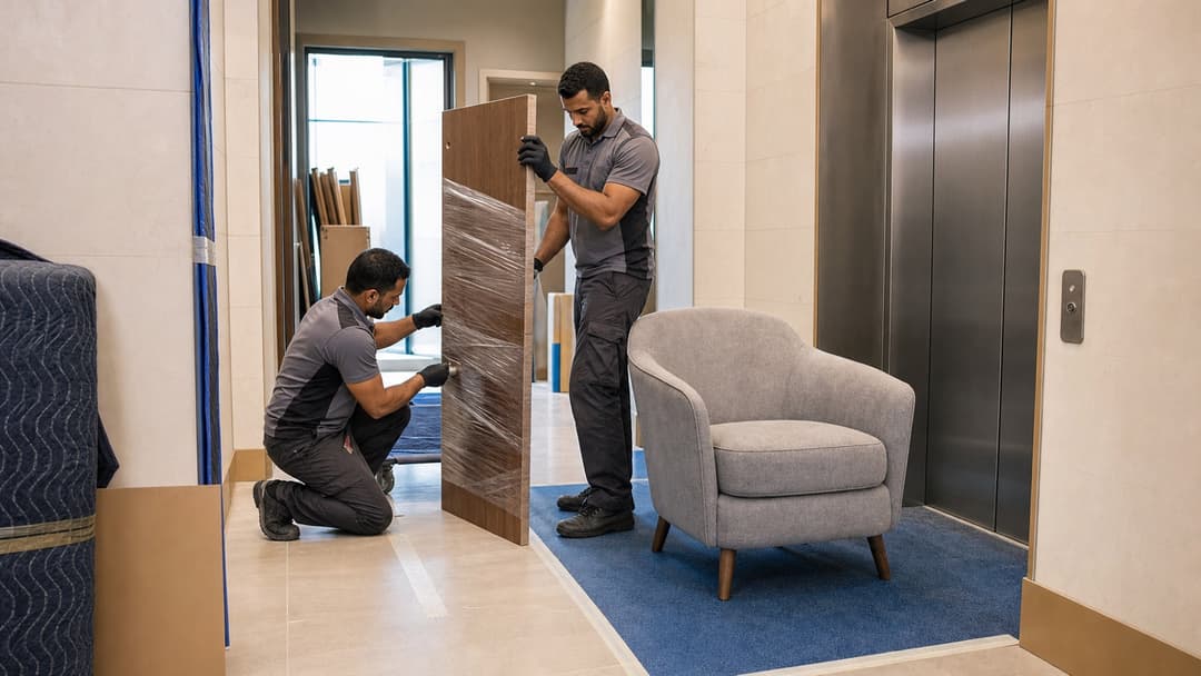 Removal crew wrapping a dismantled wardrobe panel beside a service lift in Dubai