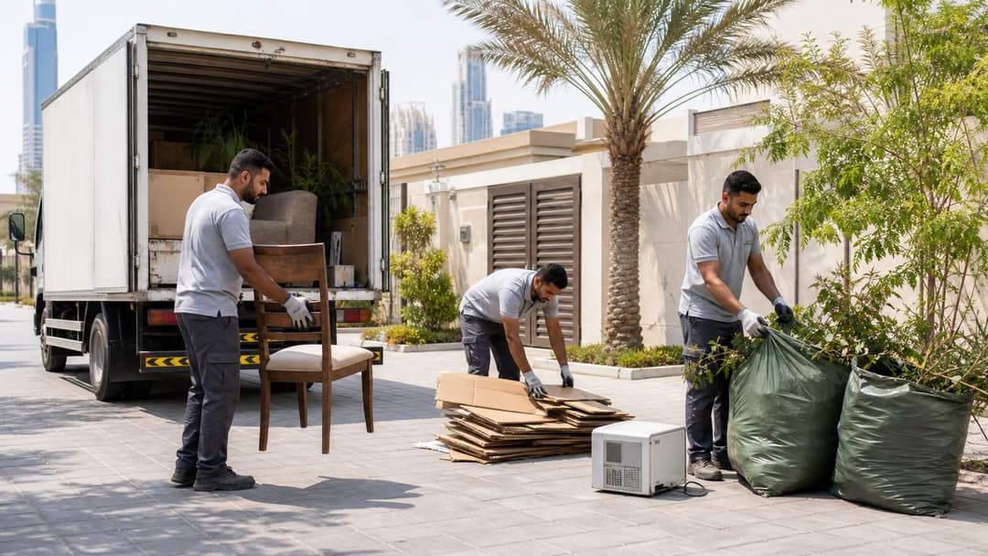 Removal crew sorting furniture, cardboard, an appliance and garden trimmings beside a truck in Dubai
