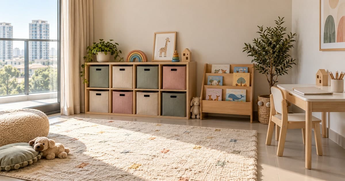 Low toy storage, picture books and a child-sized desk in a home