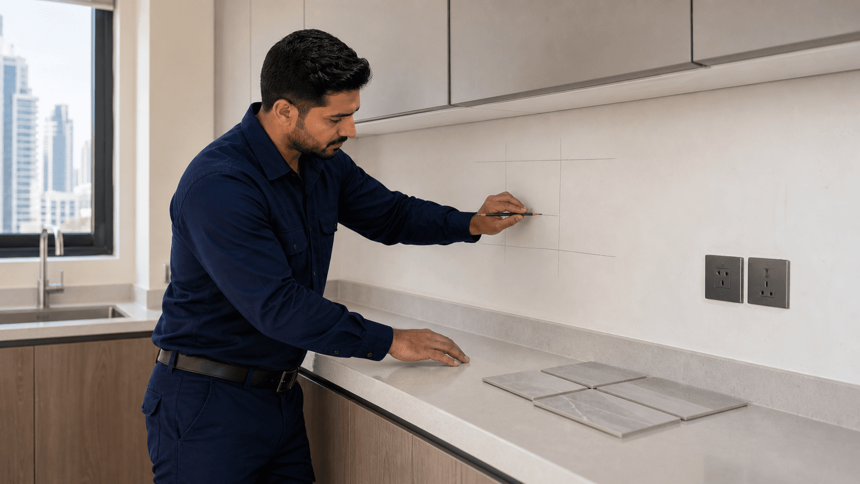 Kitchen Backsplash Dubai Cost Guide 2026 - Dubai kitchen backsplash costs depend on tile, stone or slab material, wall prep, outlets, silicone, grout and appliance access.