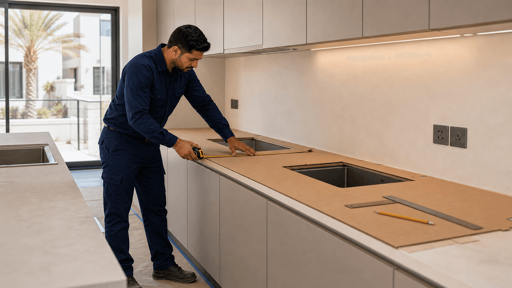Kitchen Countertop Dubai Cost Guide 2026 - Dubai kitchen countertop prices vary by quartz, porcelain, granite, solid surface, edge profile, sink cut-out, delivery and installation.