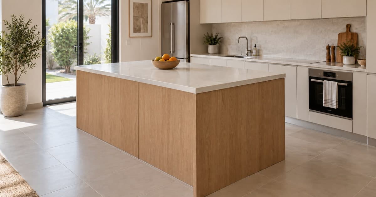 Oak preparation island in a bright residential kitchen