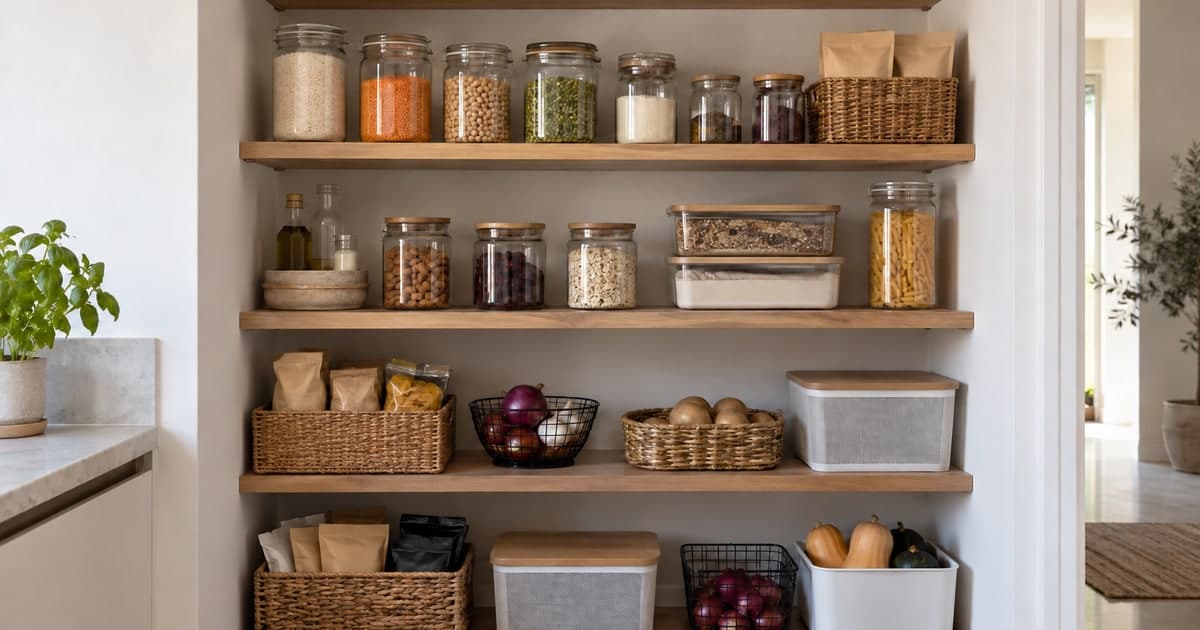Open wooden pantry with shelves, food containers and baskets
