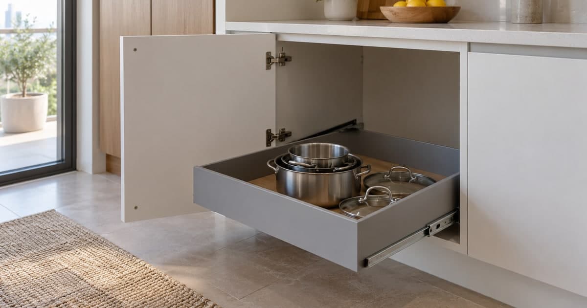 Internal kitchen drawer extended past an open cabinet door with pots inside