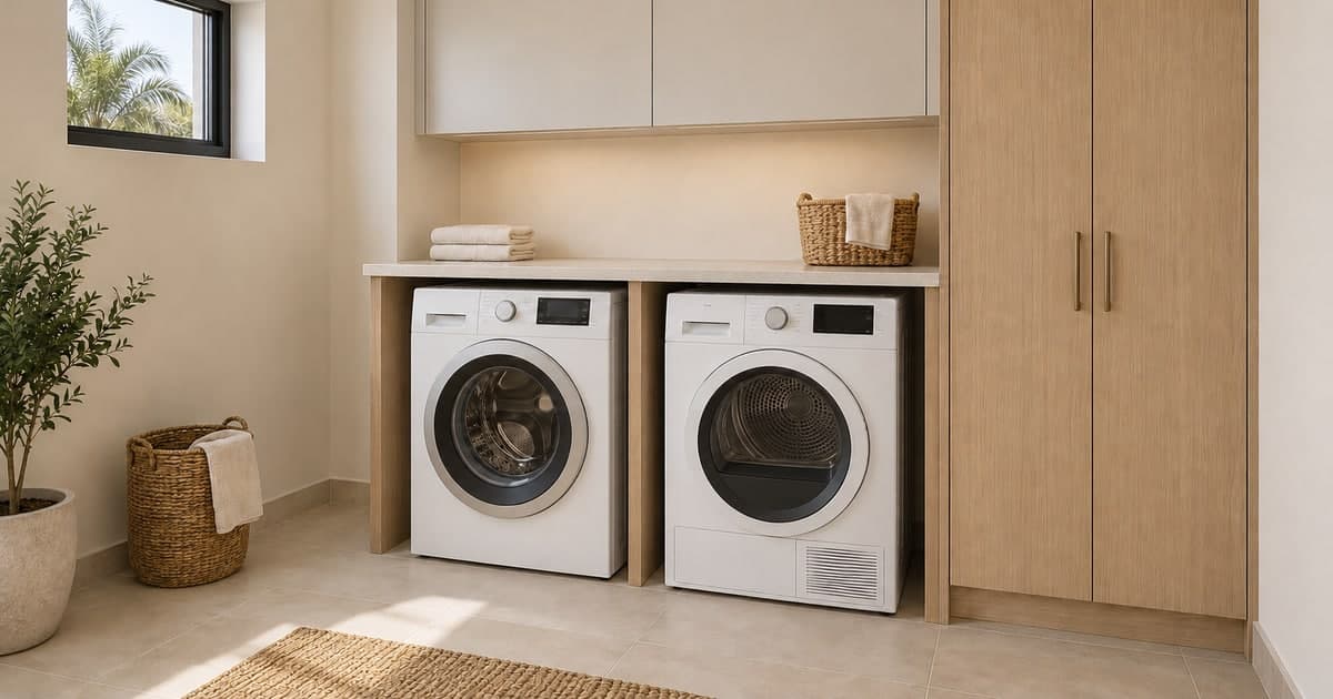 Washer and dryer beneath an independently supported worktop beside an oak cupboard with aligned double doors and paired handles