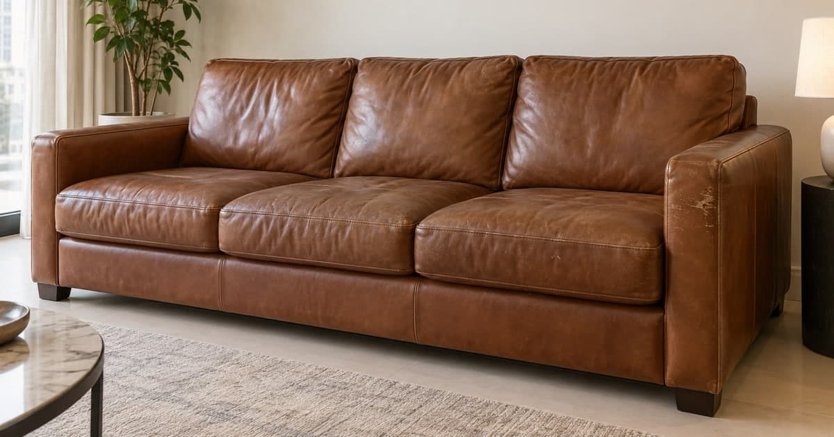 Full-size brown three-seat leather sofa with local surface wear on one armrest