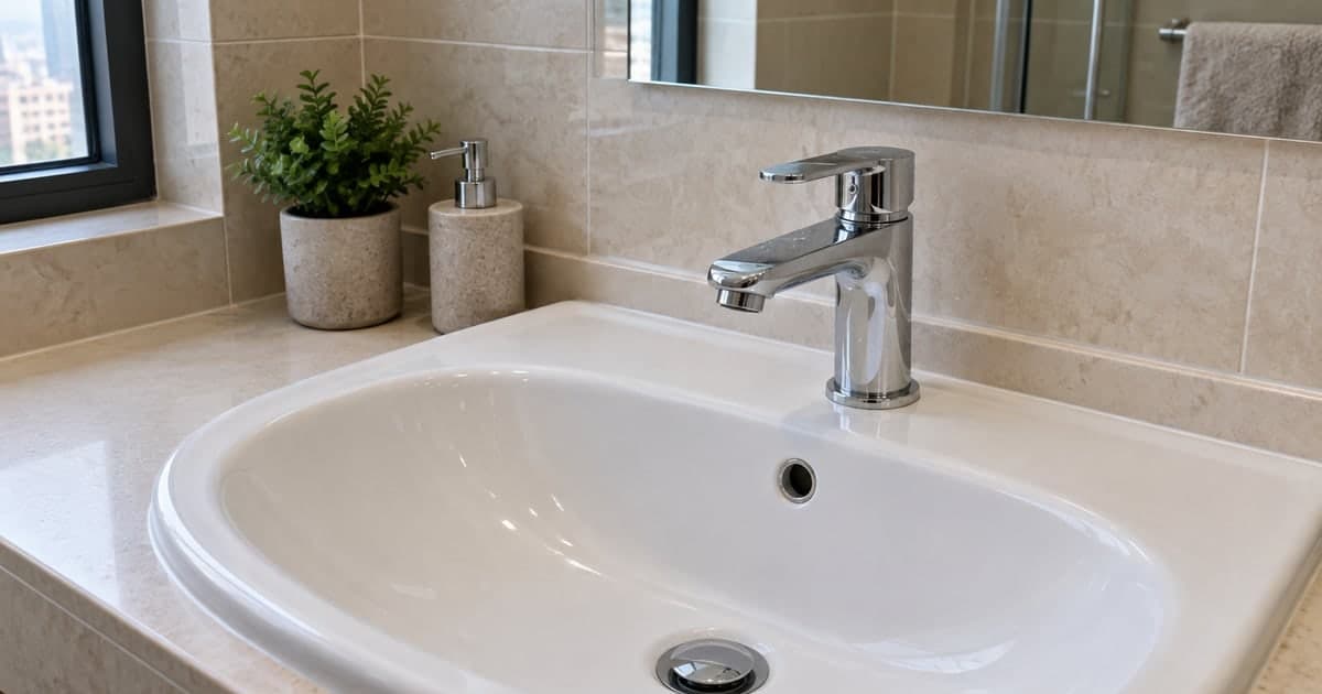 Chrome basin mixer above a bathroom sink