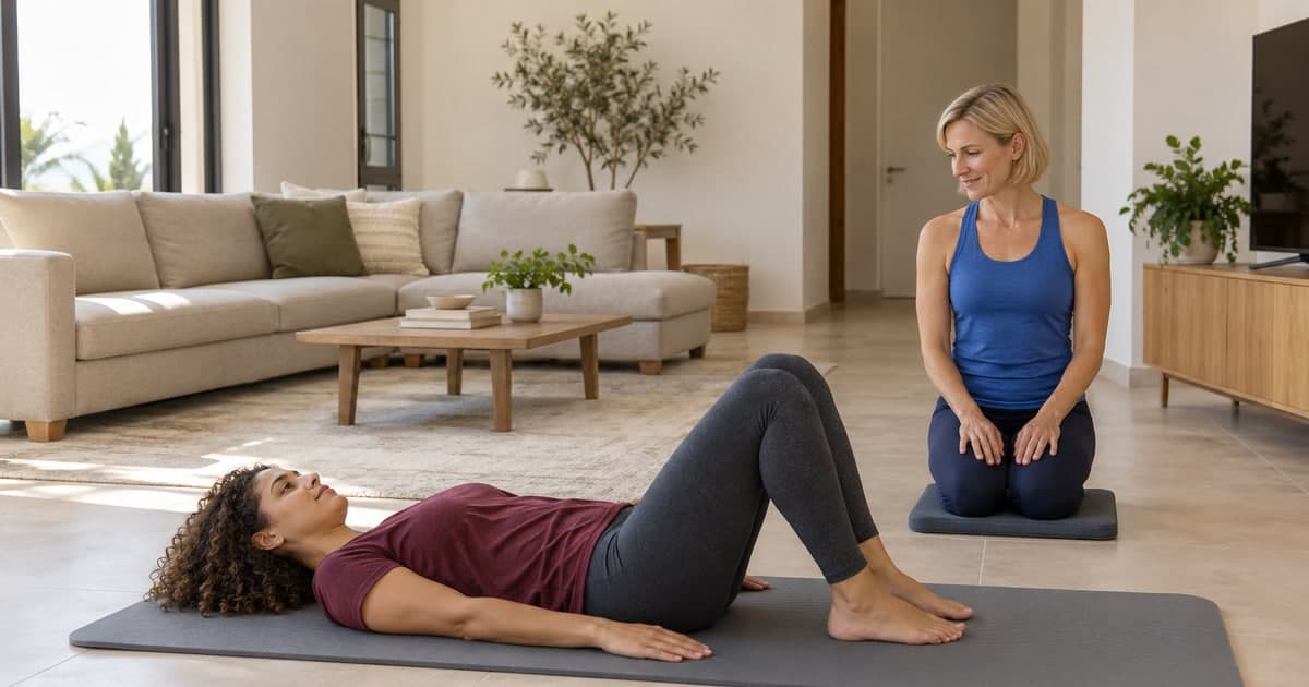 Instructor observing a client in a simple starting position on a Pilates mat