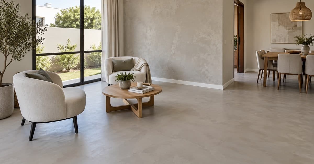 Warm grey seamless-look floor and textured wall in a residential dining area