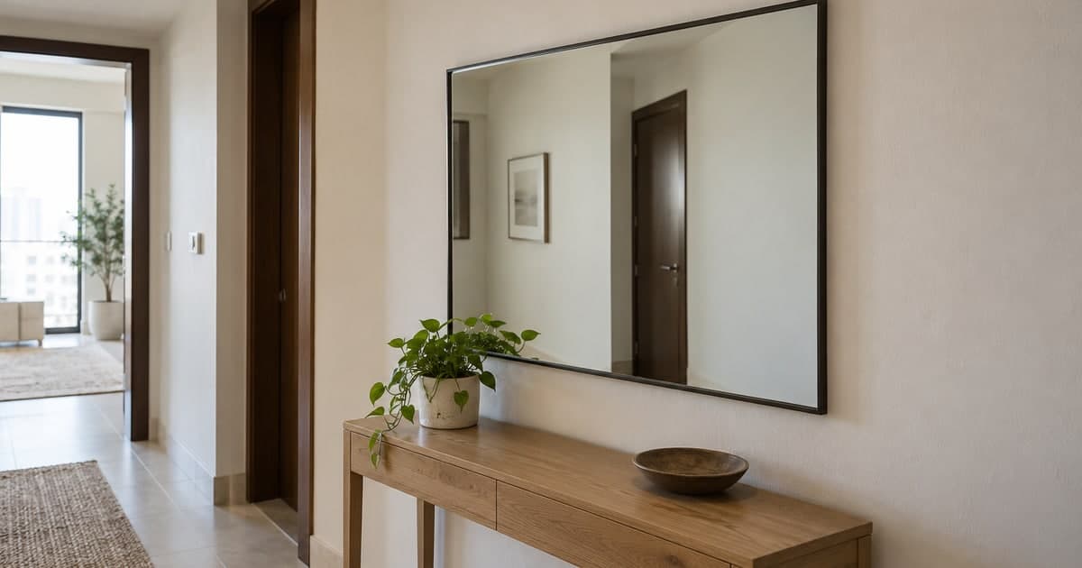 Rectangular dark-framed wall mirror mounted above a narrow wooden hallway console