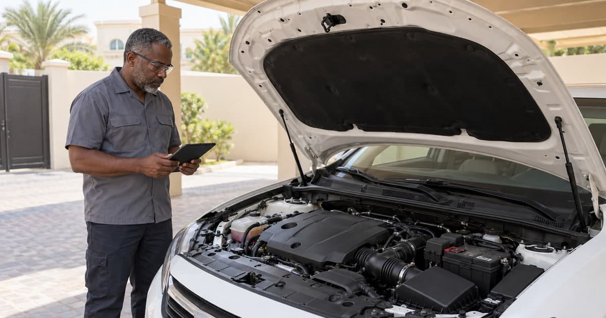 Automotive technician reviewing a tablet beside an open bonnet during a driveway inspection