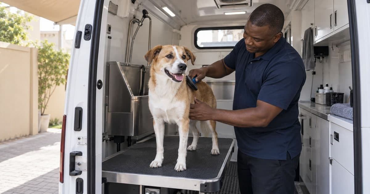Groomer gently brushing a tan and white dog on a non-slip table inside a fitted grooming van