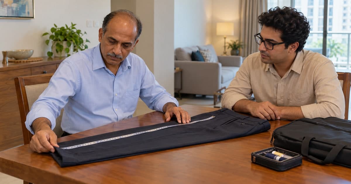 Tailor and adult customer reviewing trouser length at a home dining table