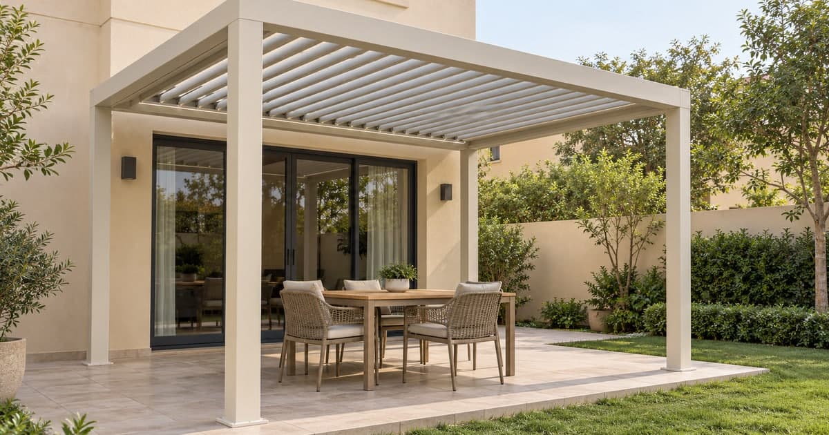 Ivory louvered pergola shading a villa terrace dining area