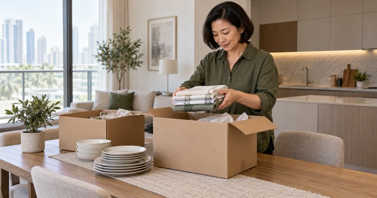 Organizer unpacking folded kitchen towels at a dining table