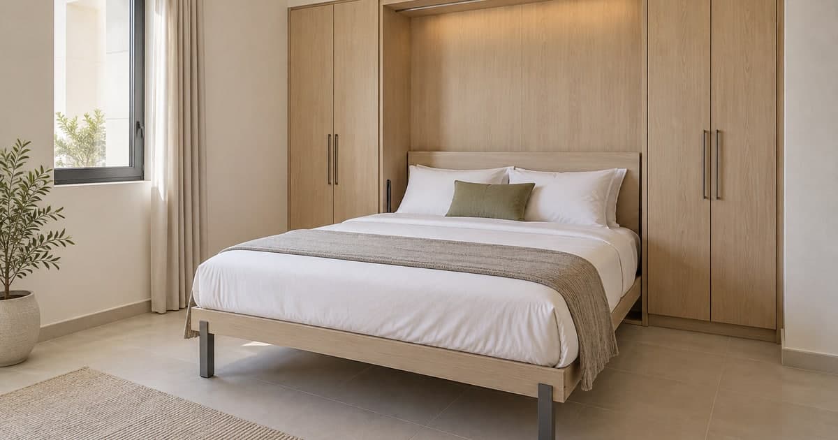 Open wall bed with a full-size mattress and clear floor space in a guest room