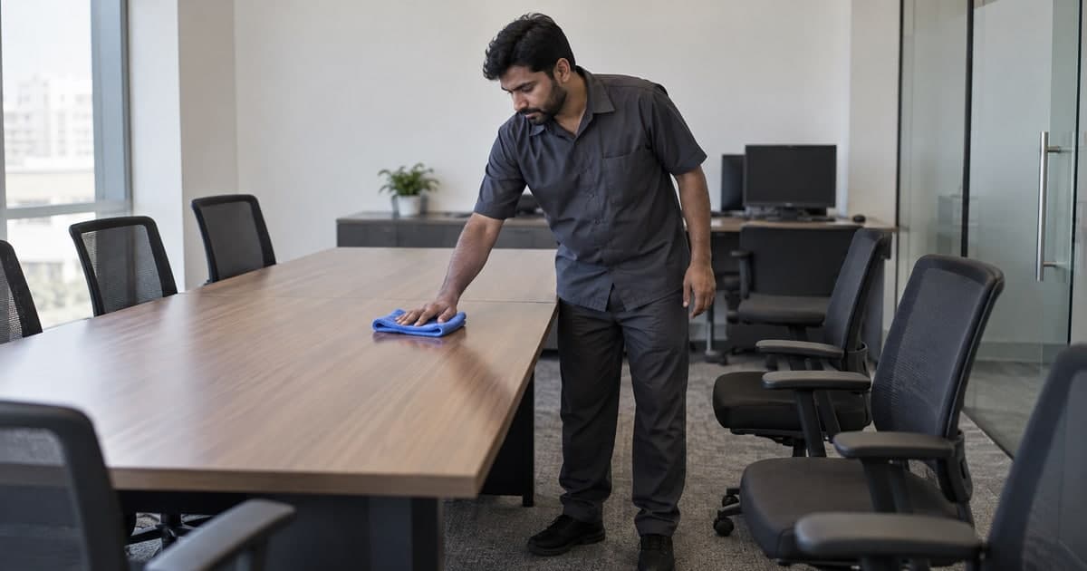 Cleaner wiping a conference table in an unoccupied office