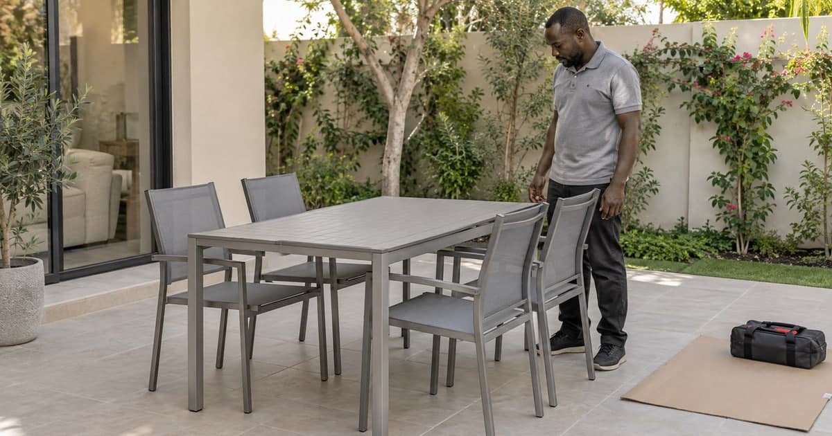 Technician inspecting an assembled outdoor dining table and chairs on a villa terrace
