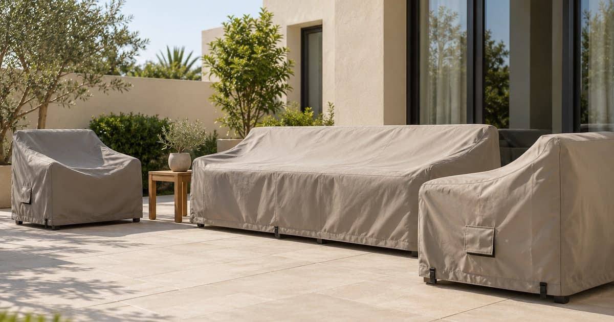 Tailored protective covers over an outdoor sofa and armchairs on a Dubai villa patio