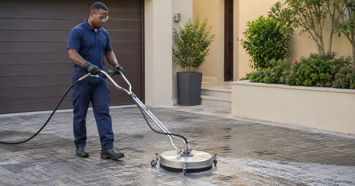 Technician using a connected round surface-cleaner attachment on level villa paving