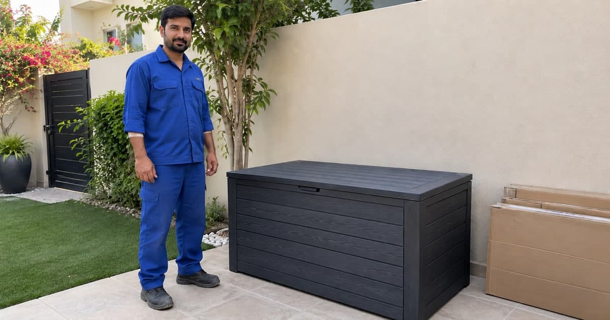 Technician beside a completed freestanding outdoor storage box on level patio tiles
