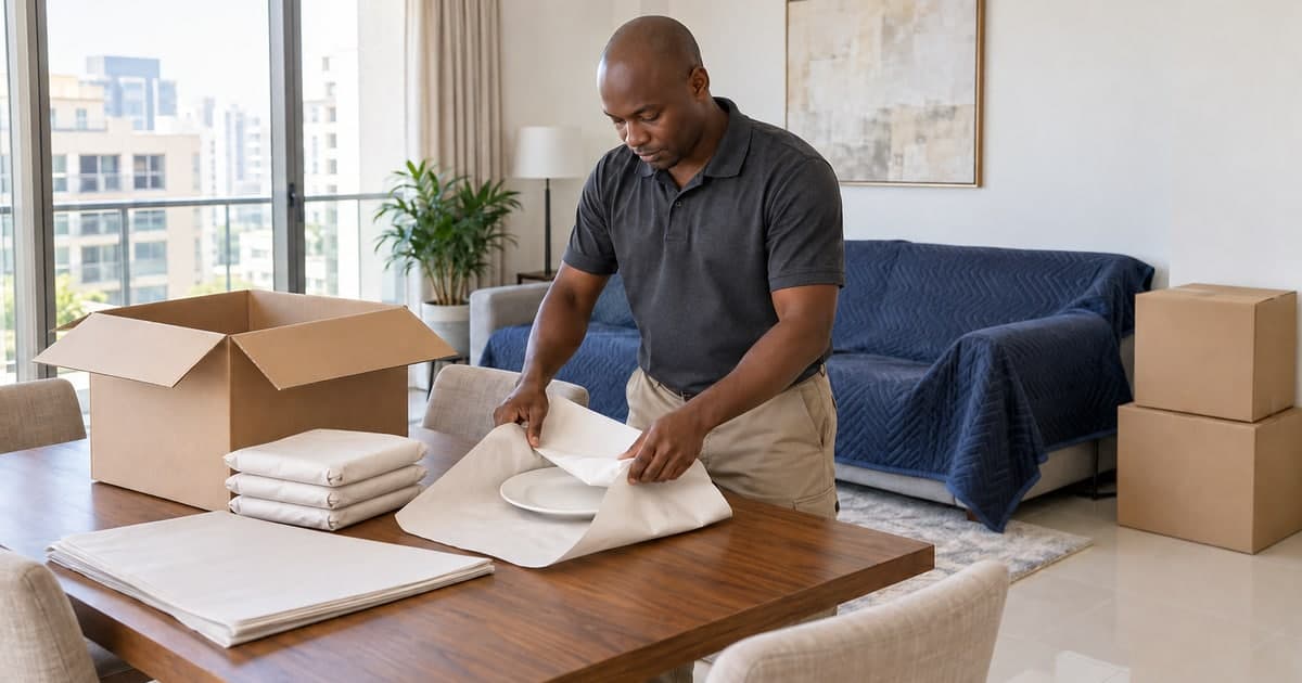 Professional packer wrapping one plate in protective paper beside individually wrapped dishes