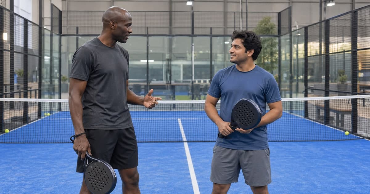 Padel coach and adult learner discussing a drill on an enclosed indoor court