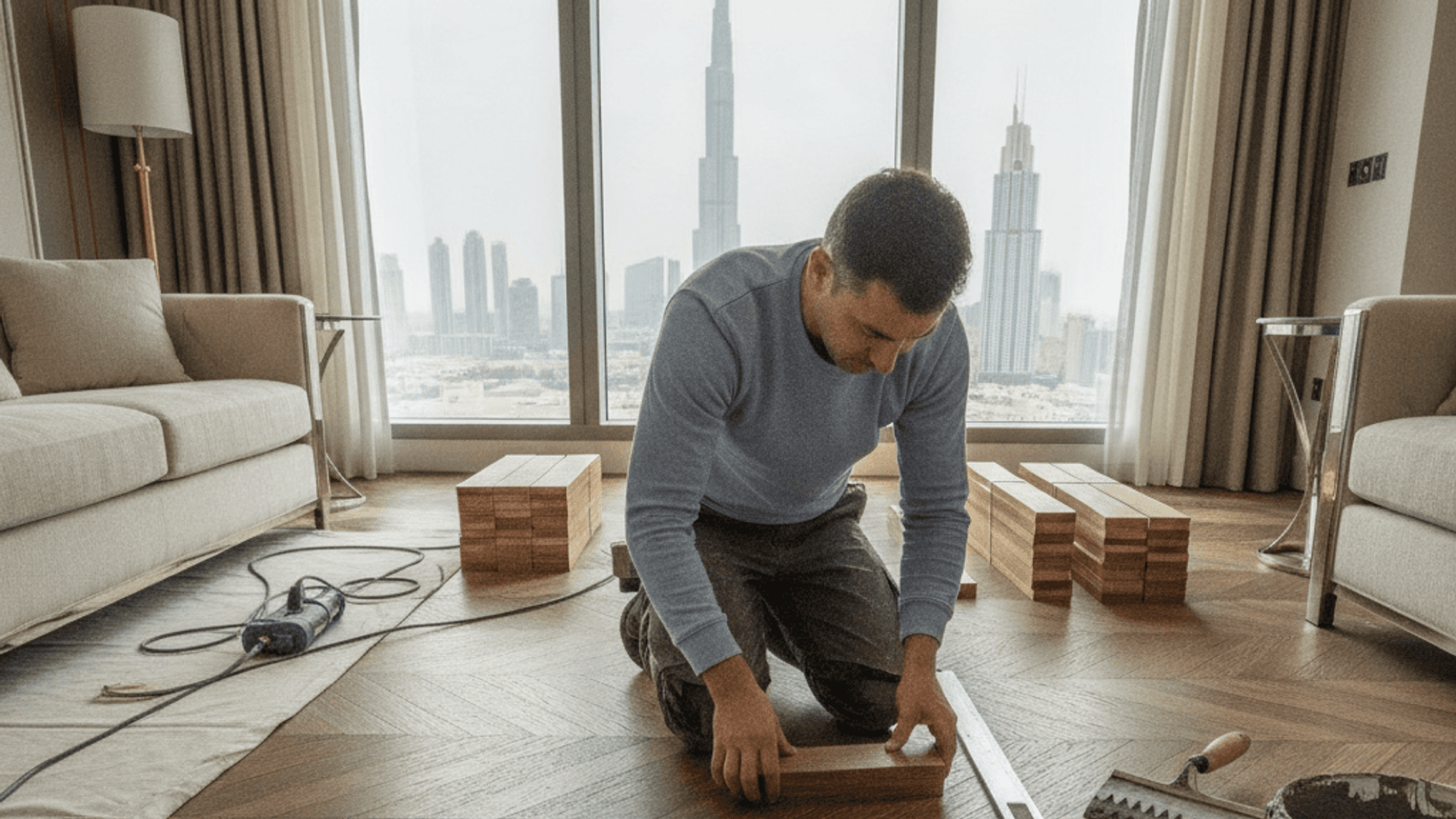 Parquet Flooring Dubai Cost Guide 2026 - Dubai parquet flooring costs depend on engineered or solid wood, pattern, subfloor prep, adhesive, sanding, finishing and maintenance.