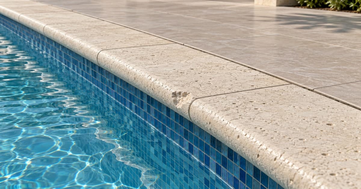 Pool-edge coping with a small chipped section beside blue waterline tiles