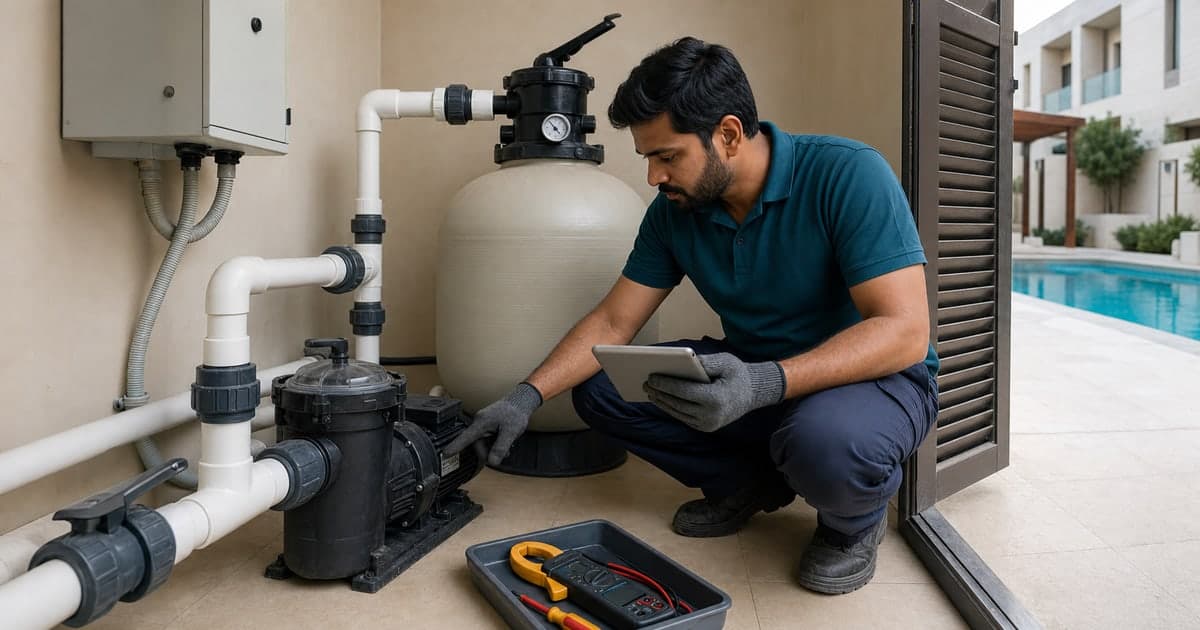 Pool Equipment Repair Dubai: 2026 Cost Guide - Dubai pool equipment repair ranges from AED 250–500 for diagnosis to AED 45,000+ for a replacement chiller. Compare pumps, filters, controls and warranties.