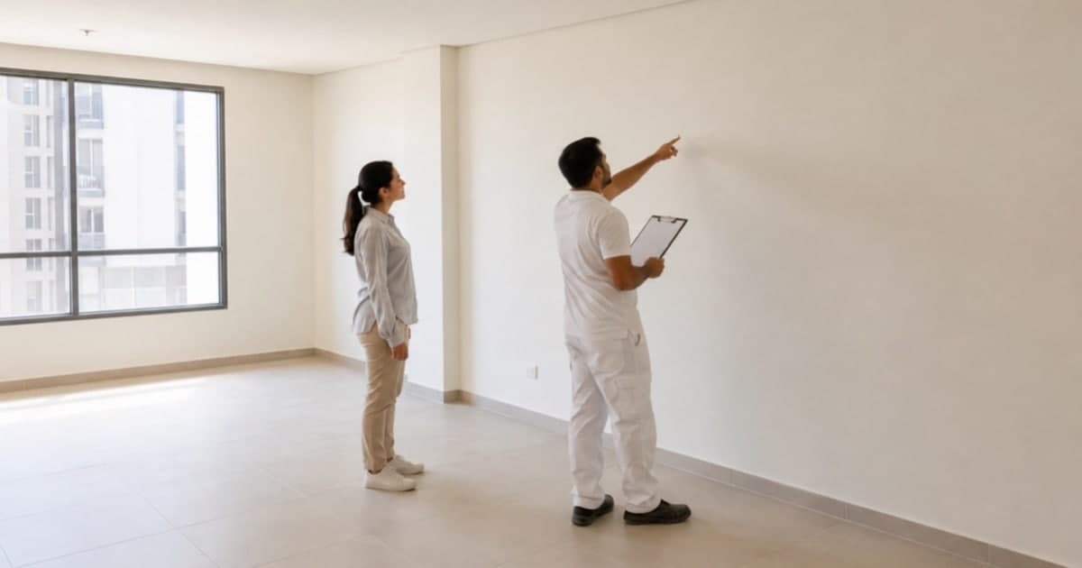 Worker with a clipboard and another adult reviewing a finished wall in a bright empty room