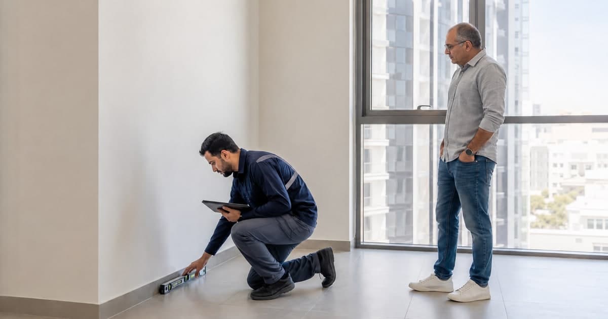 Inspector checking a tiled floor edge with a spirit level while another adult observes in an apartment