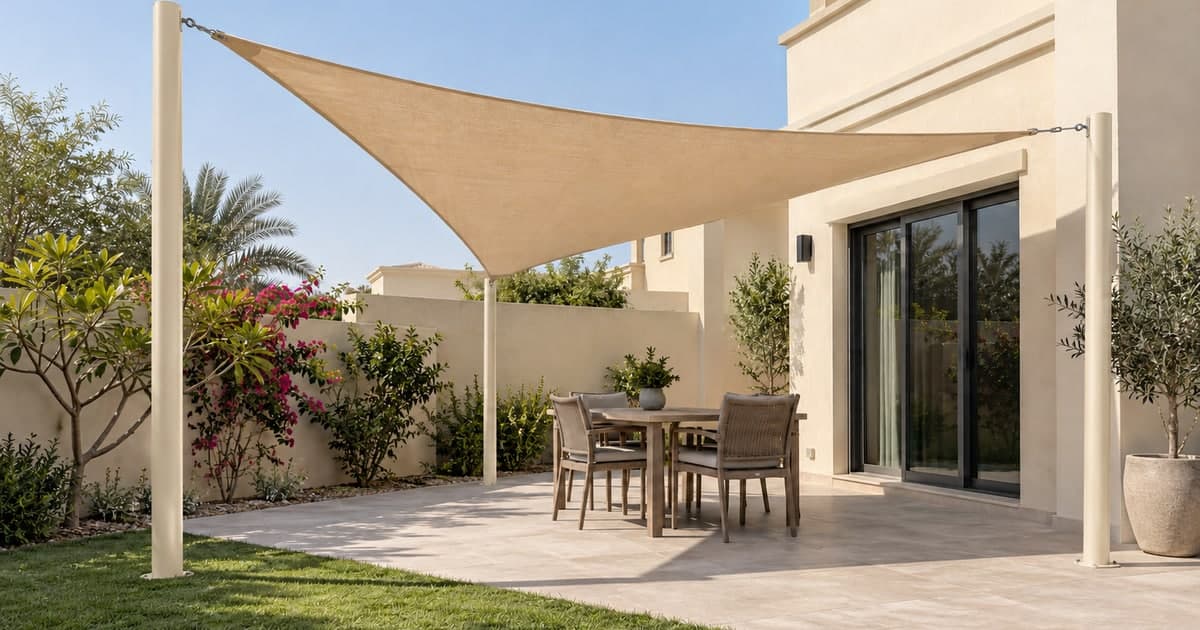 Triangular beige shade sail supported by three light-ivory metal posts over a villa patio