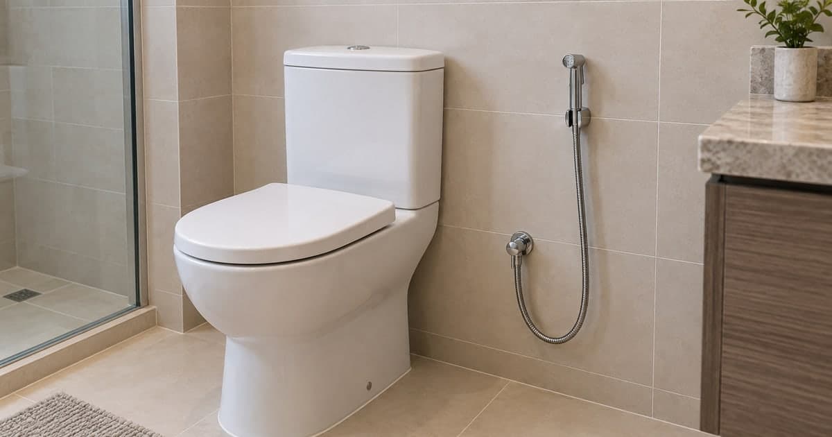 Wall-mounted shattaf beside a closed toilet with its hose and isolation valve
