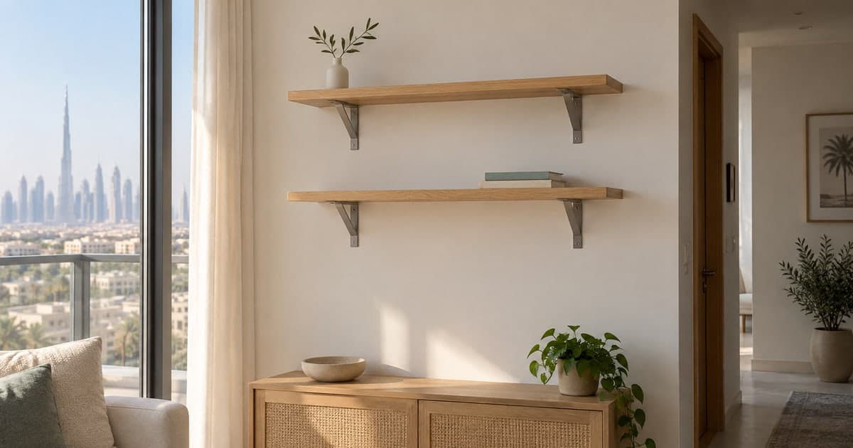 Two ready-made shelves on visible brackets in an apartment